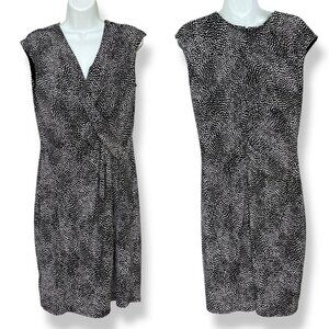 Ann Taylor Shift Dress Faux Wrap Black White Abstract Dots Size 12 Women Stretch